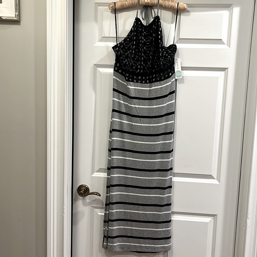 Striped maxi halter dress with crochet details